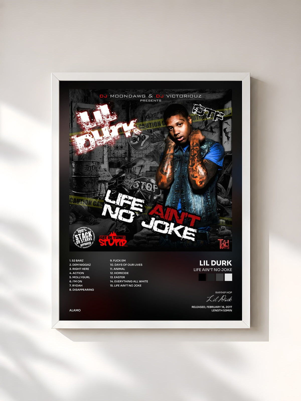 #blanc Tableau de l'album Life Ain't No Joke de Lil Durk, cadre blanc, imprimé et encadré en France