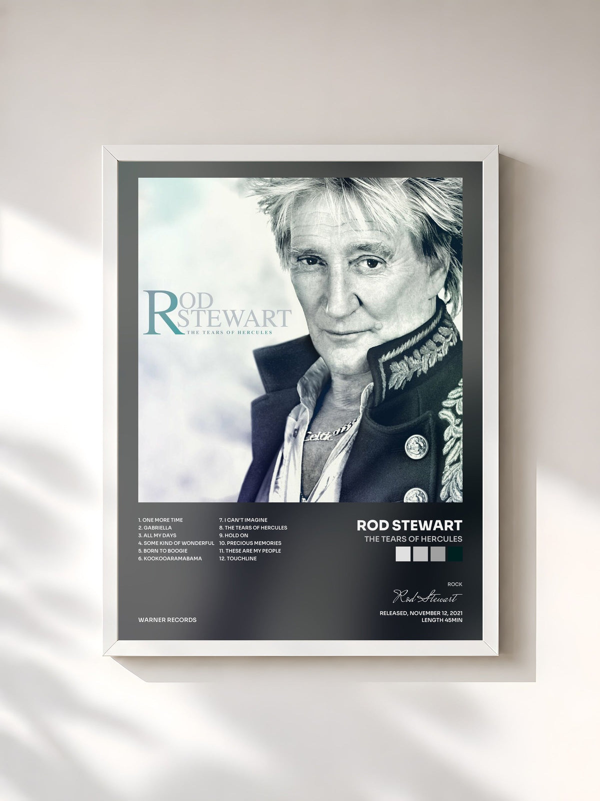 #blanc The Tears Of Hercules de Rod Stewart en lámina enmarcada, marco blanco, impresa y enmarcada en Francia