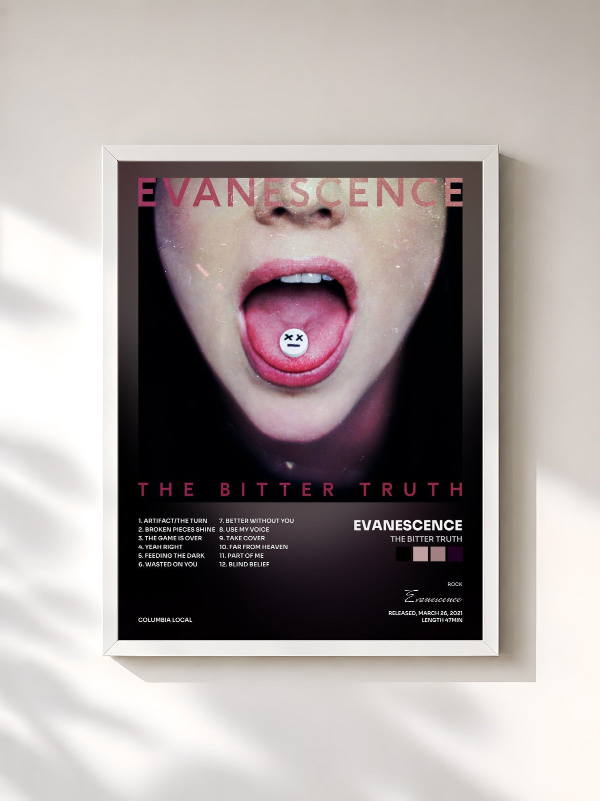 #blanc Tableau de l'album The Bitter Truth de Evanescence, cadre blanc, imprimé et encadré en France