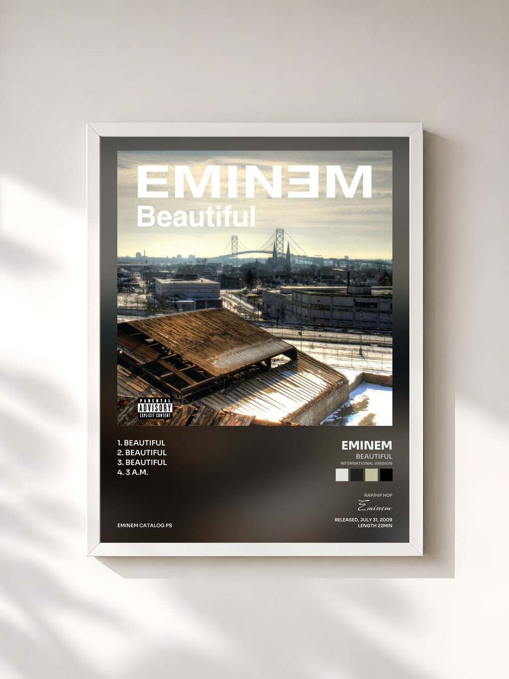 #blanc Tableau de l'album Beautiful (International Version) de Eminem, cadre blanc, imprimé et encadré en France