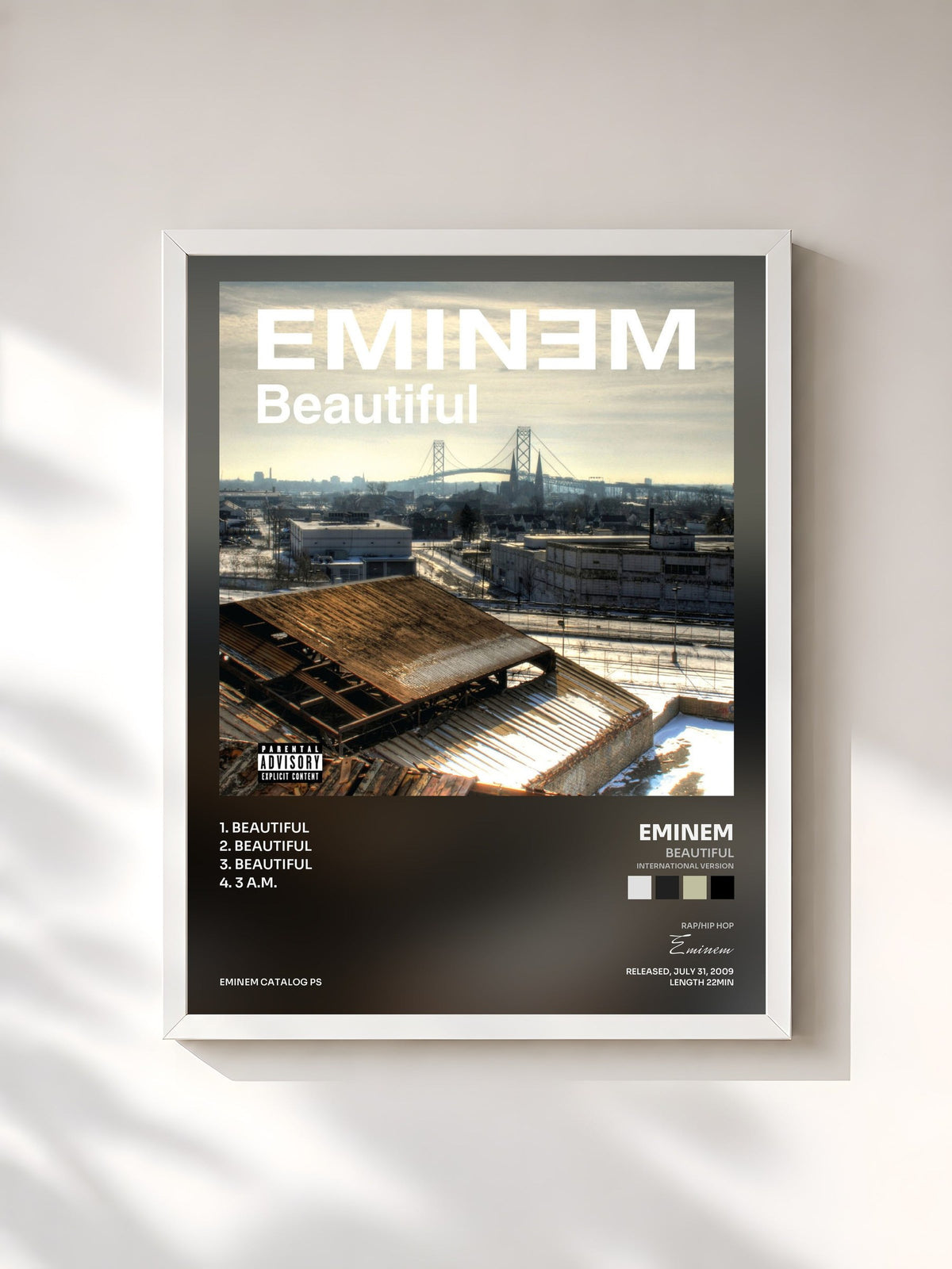 #blanc Tableau de l'album Beautiful (International Version) de Eminem, cadre blanc, imprimé et encadré en France