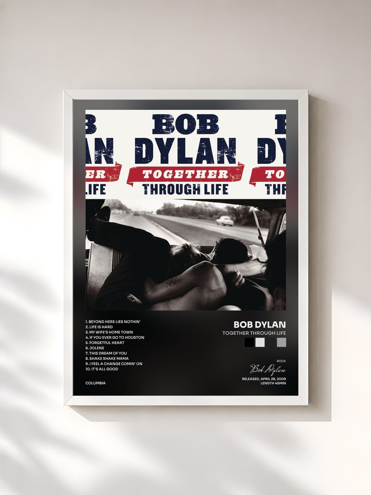 #blanc Tableau de l'album Together Through Life de Bob Dylan, cadre blanc, imprimé et encadré en France