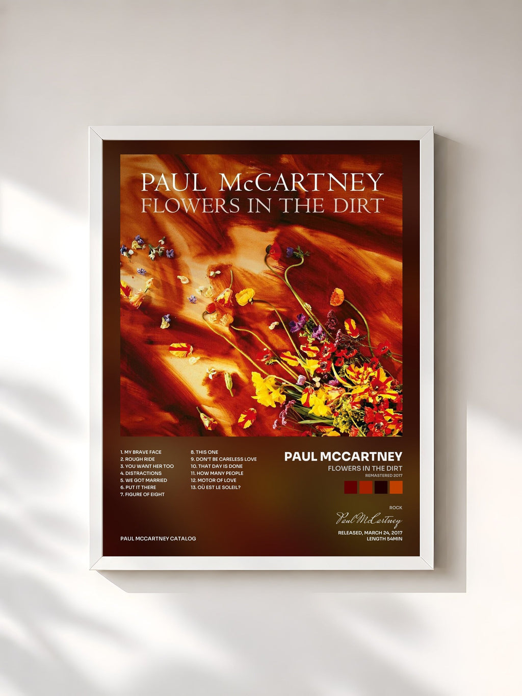 #blanc Tableau de l'album Flowers In The Dirt (Remastered 2017) de Paul McCartney, cadre blanc, imprimé et encadré en France