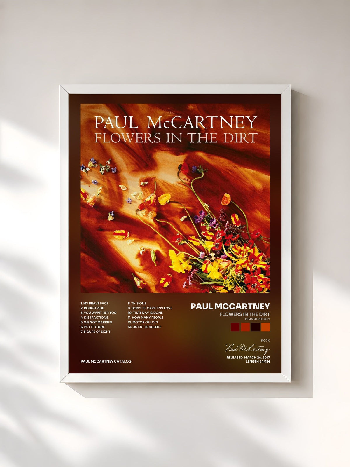 #blanc Tableau de l'album Flowers In The Dirt (Remastered 2017) de Paul McCartney, cadre blanc, imprimé et encadré en France