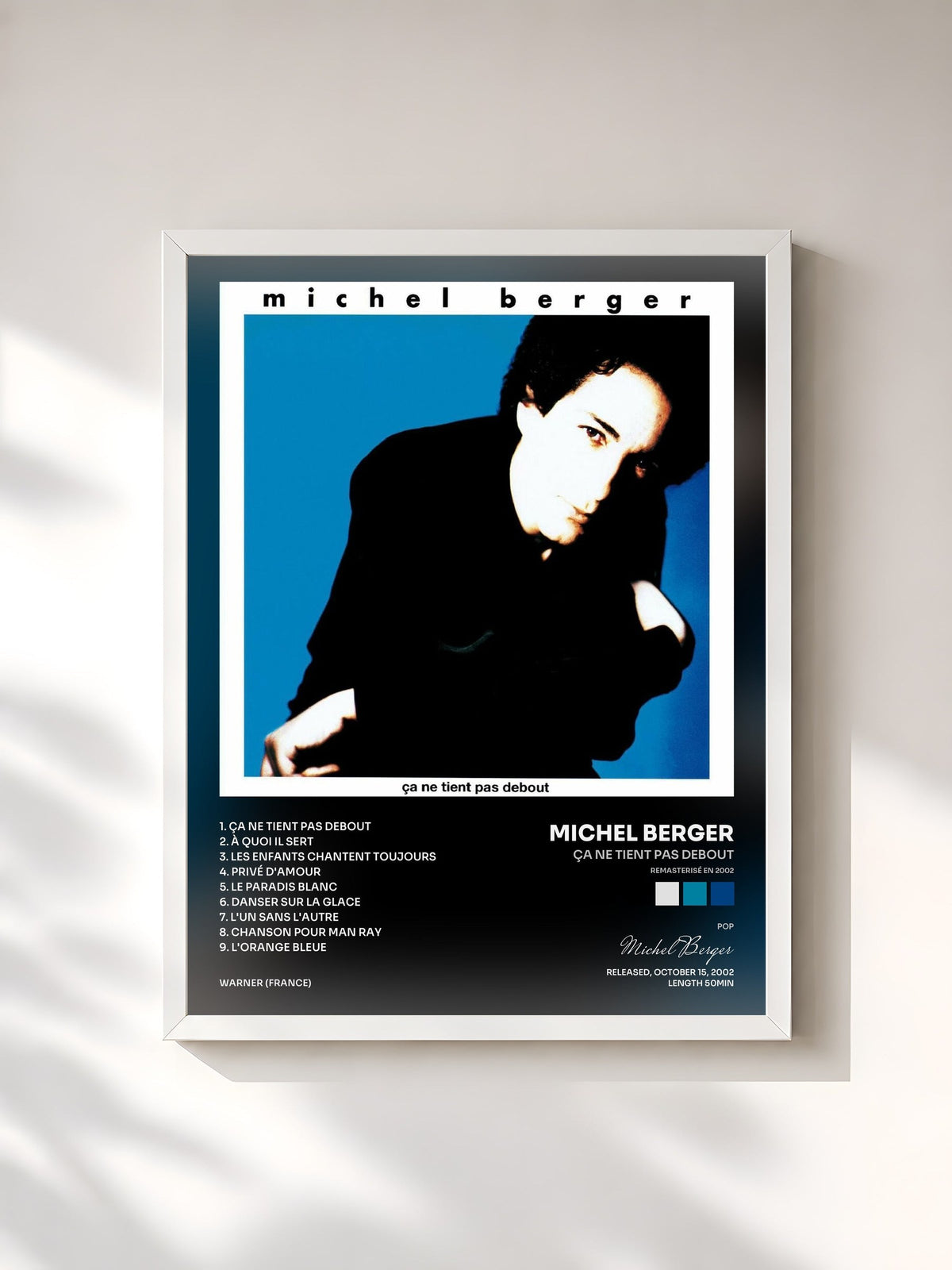 #blanc Tableau de l'album Ça ne tient pas debout (Remasterisé en 2002) de Michel Berger, cadre blanc, imprimé et encadré en France