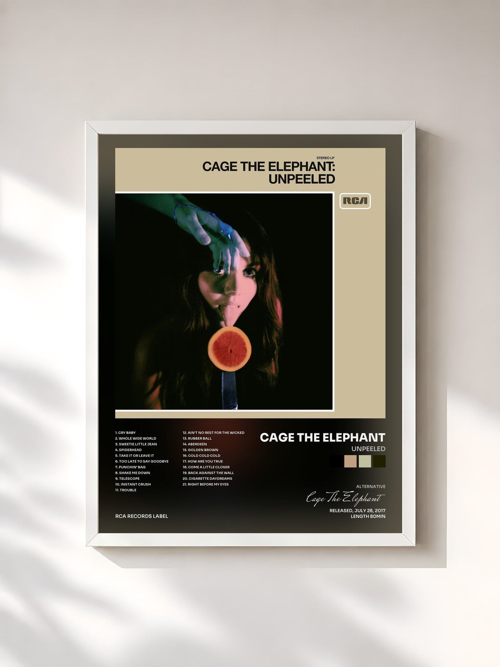 #blanc Unpeeled de Cage The Elephant en lámina enmarcada, marco blanco, impresa y enmarcada en Francia