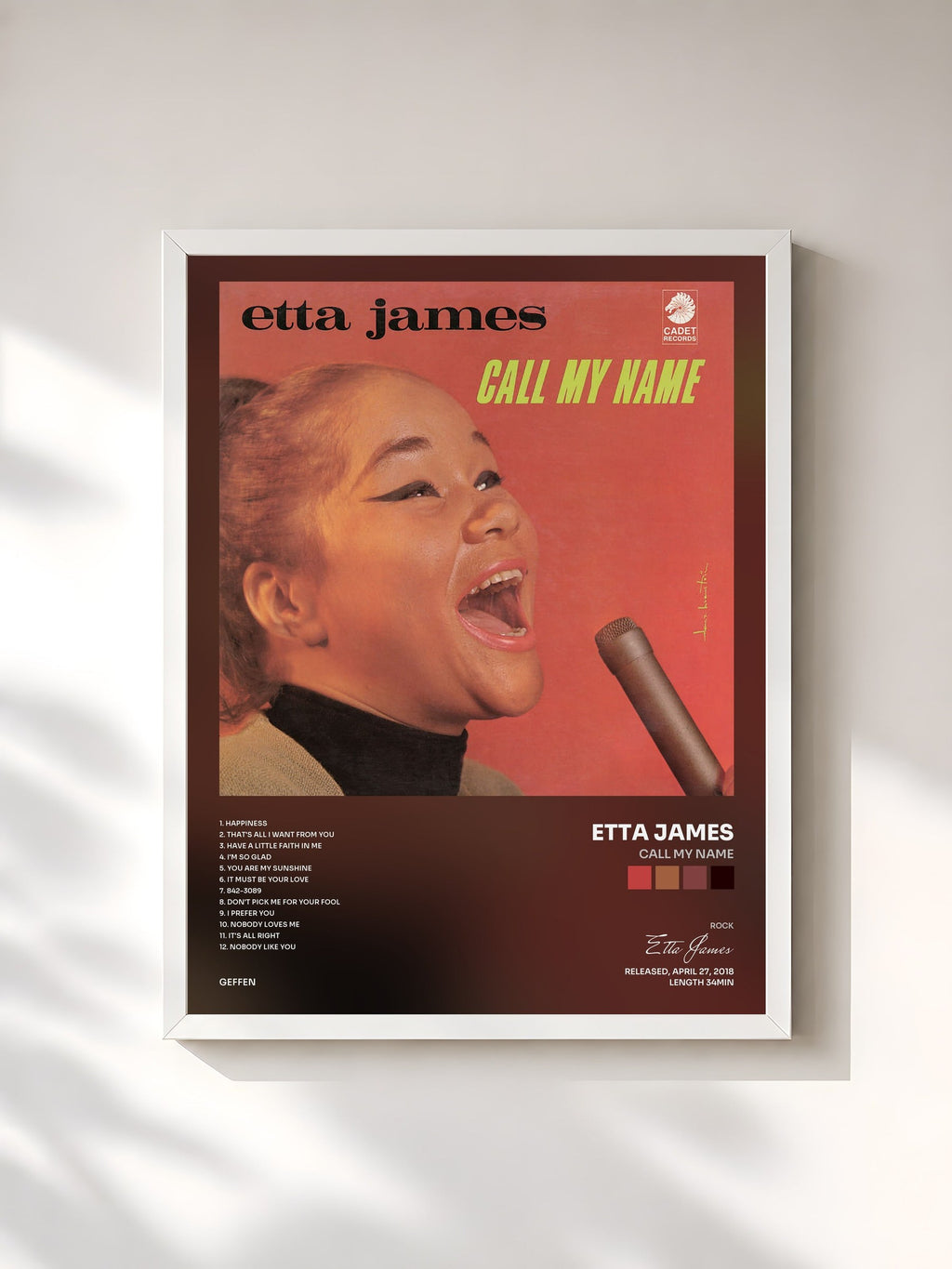 #blanc Tableau de l'album Call My Name de Etta James, cadre blanc, imprimé et encadré en France