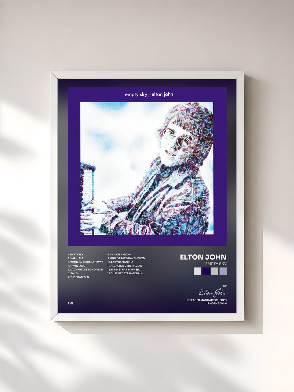 #blanc Empty Sky by Elton John as a framed art print, white frame, printed and framed in France