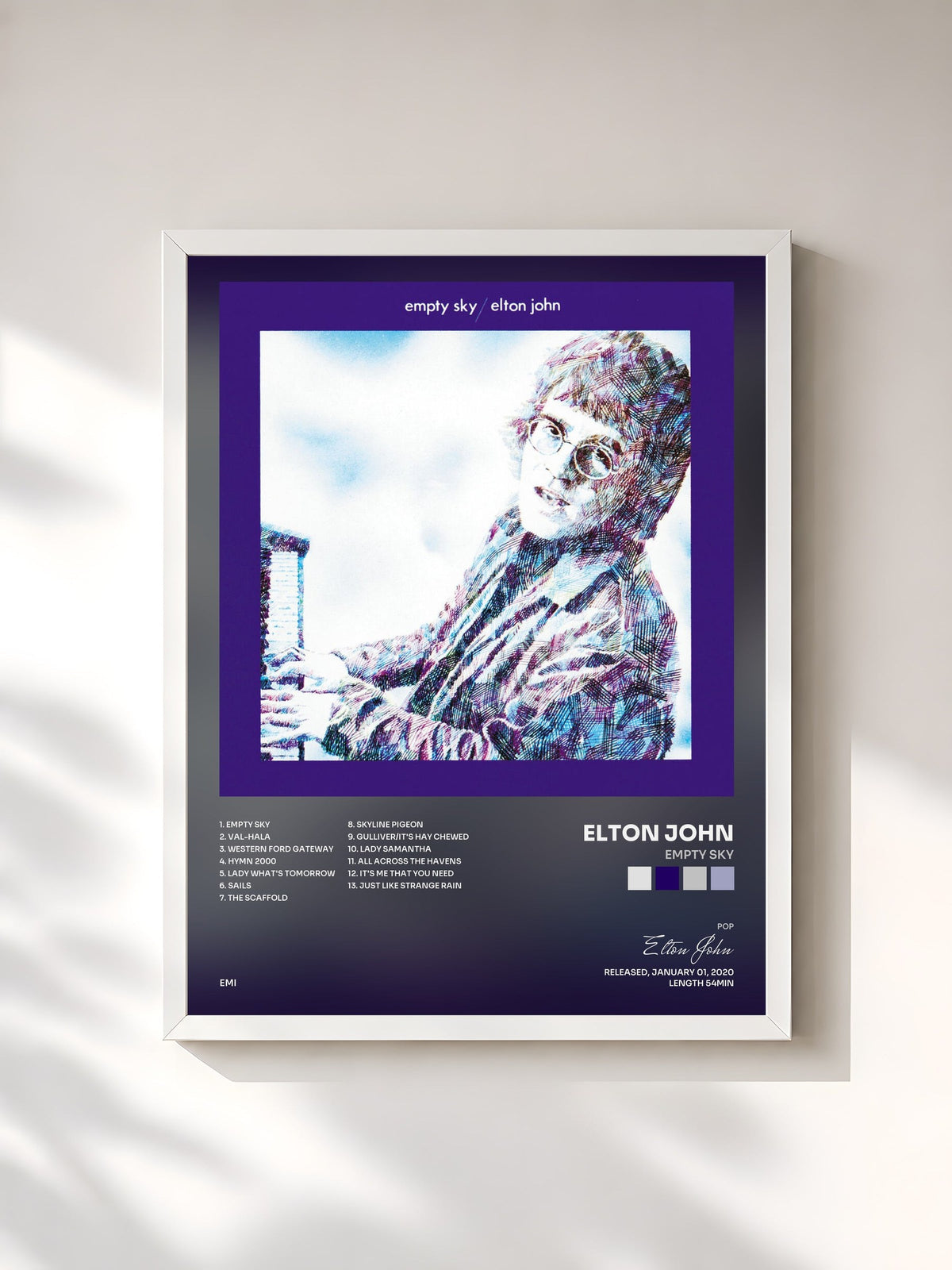 #blanc Tableau de l'album Empty Sky de Elton John, cadre blanc, imprimé et encadré en France