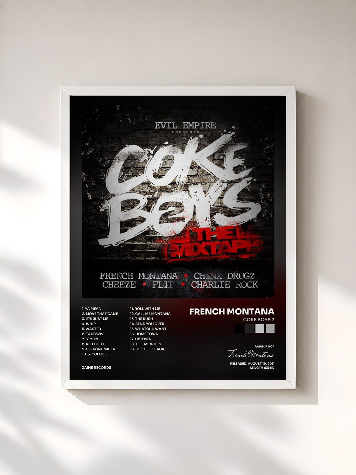 #blanc Coke Boys 2 de French Montana en lámina enmarcada, marco blanco, impresa y enmarcada en Francia