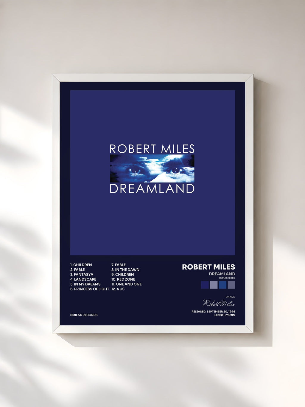 #blanc Dreamland (Remastered) by Robert Miles as a framed art print, white frame, printed and framed in France