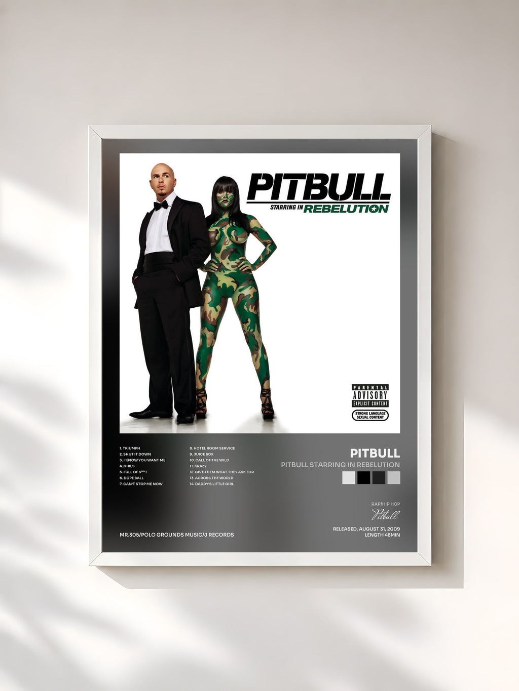 #blanc Pitbull Starring In Rebelution by Pitbull as a framed art print, white frame, printed and framed in France