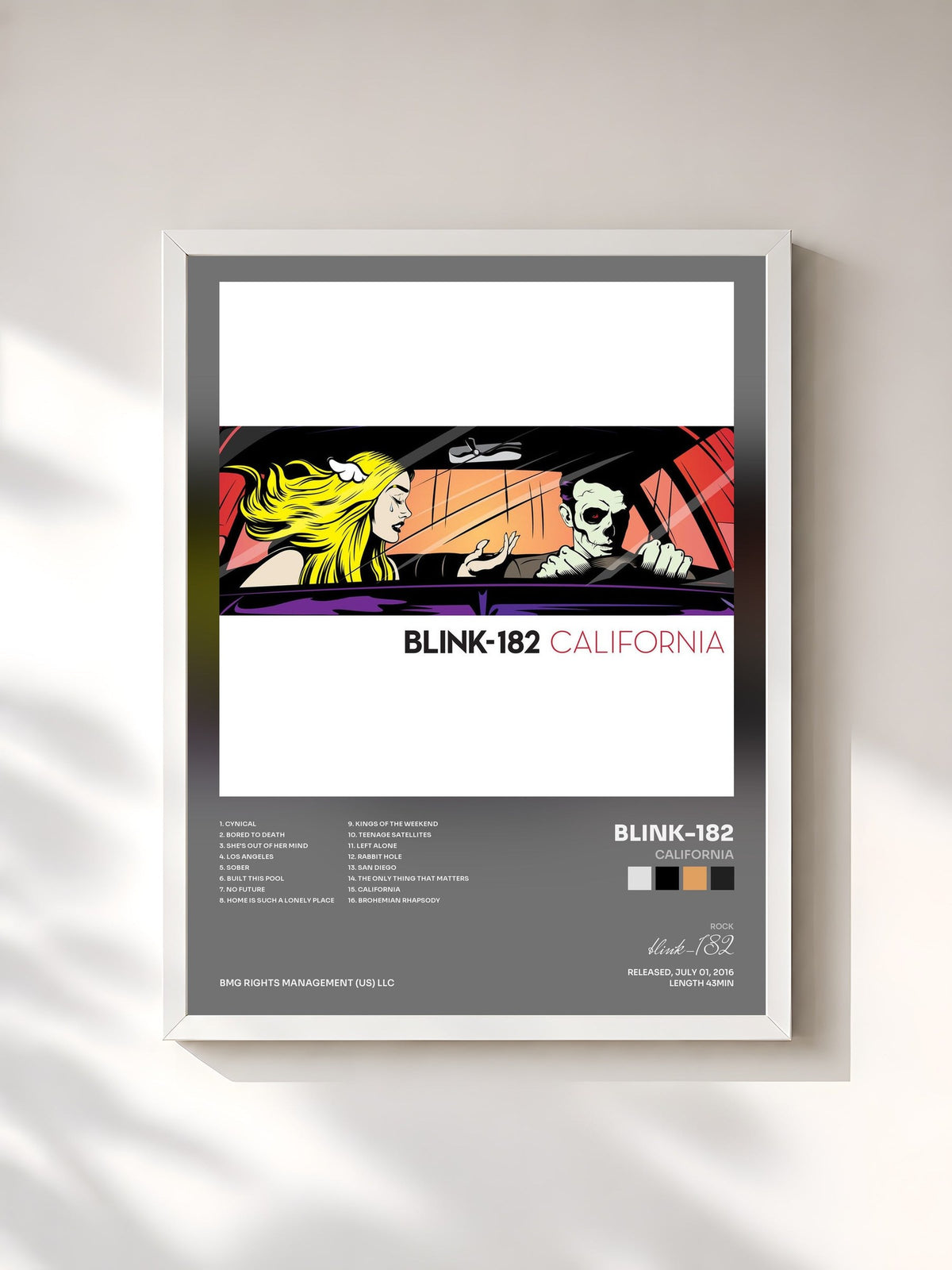 #blanc Tableau de l'album California de blink-182, cadre blanc, imprimé et encadré en France