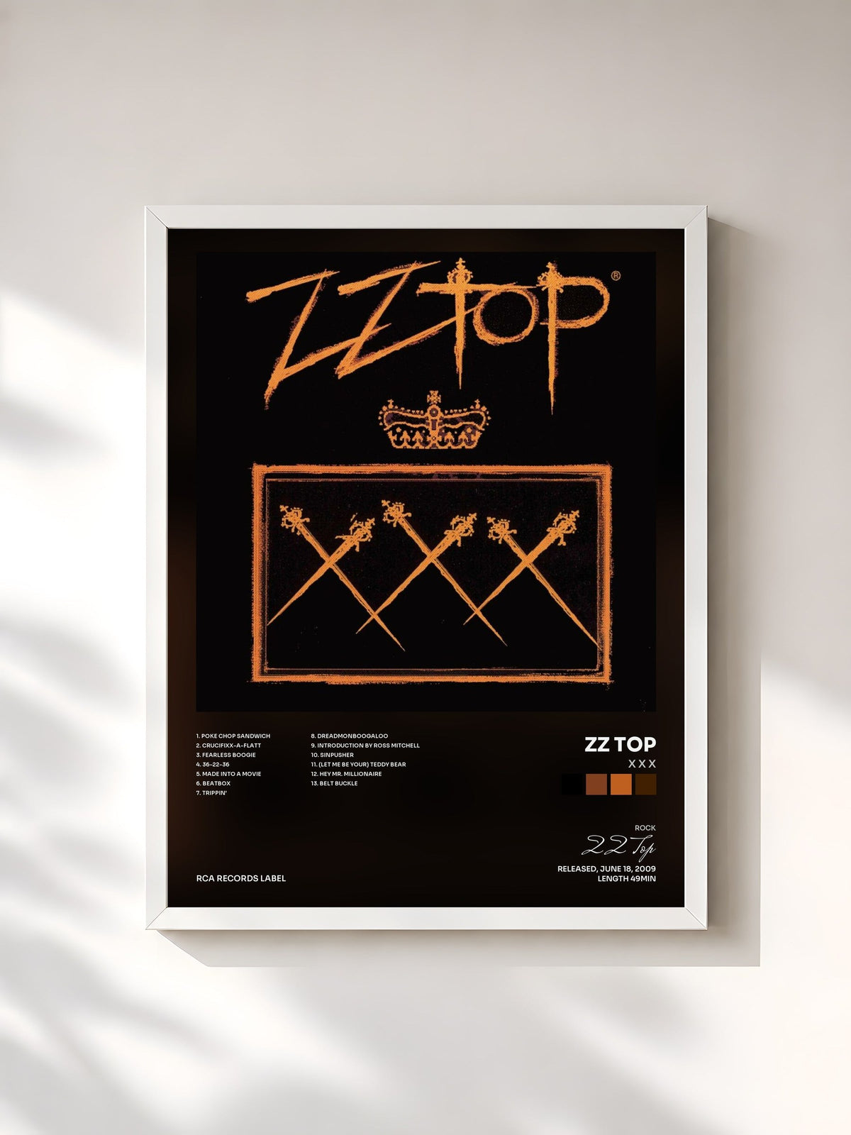 #blanc Tableau de l'album X X X de ZZ Top, cadre blanc, imprimé et encadré en France