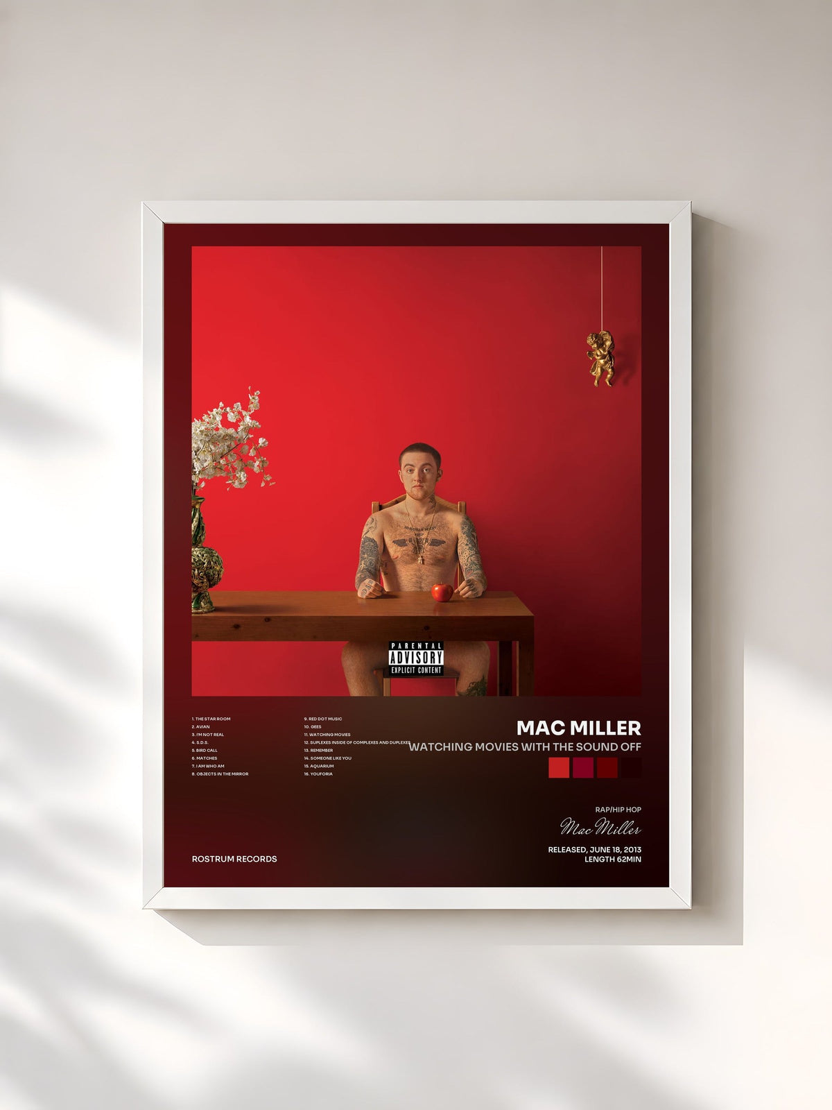 #blanc Watching Movies with the Sound Off by Mac Miller as a framed art print, white frame, printed and framed in France