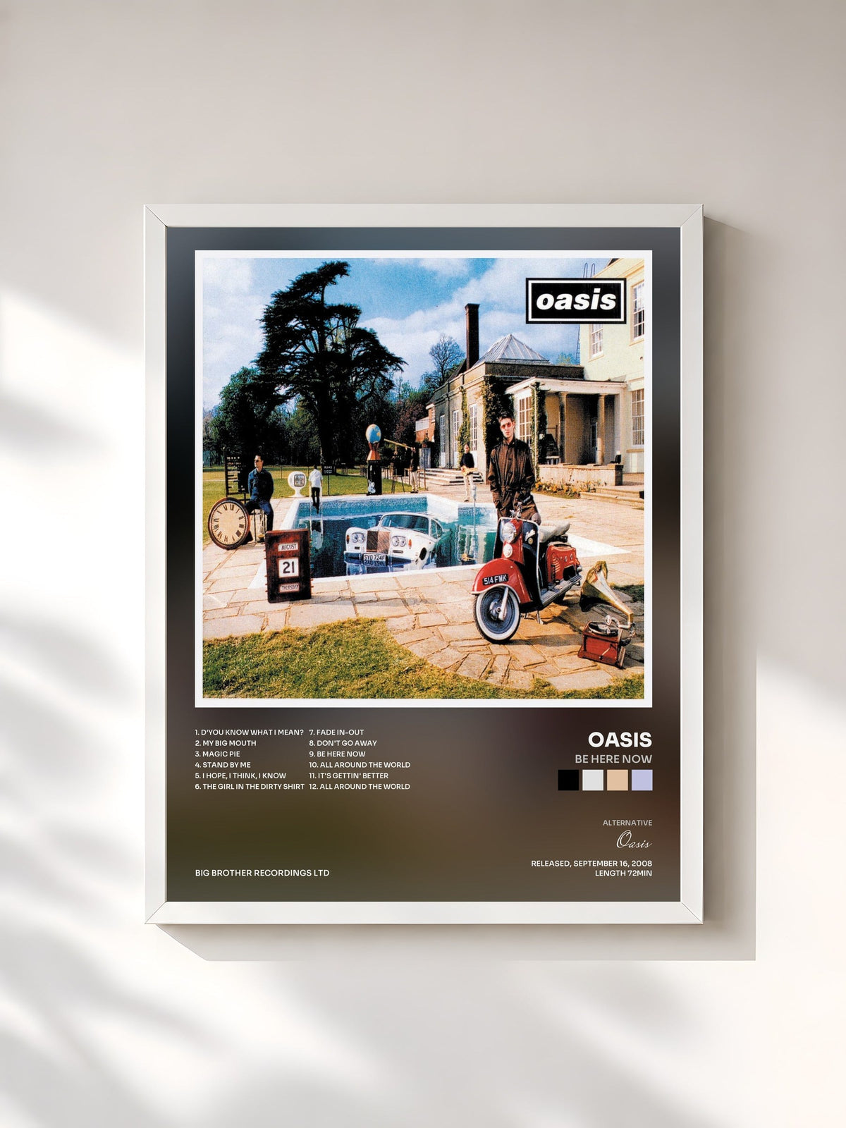 #blanc Tableau de l'album Be Here Now de Oasis, cadre blanc, imprimé et encadré en France