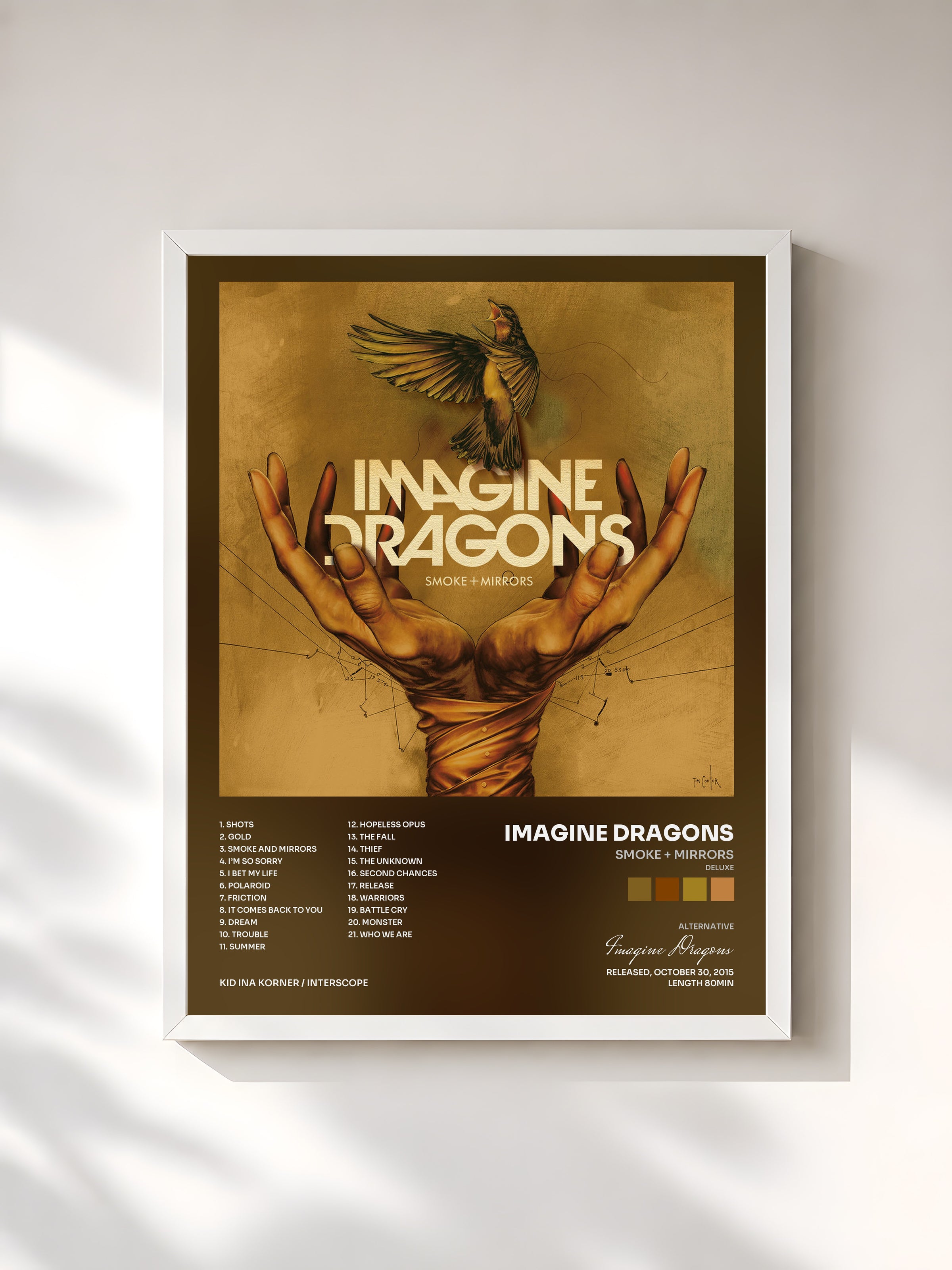 #blanc Smoke + Mirrors (Deluxe) by Imagine Dragons as a framed art print, white frame, printed and framed in France