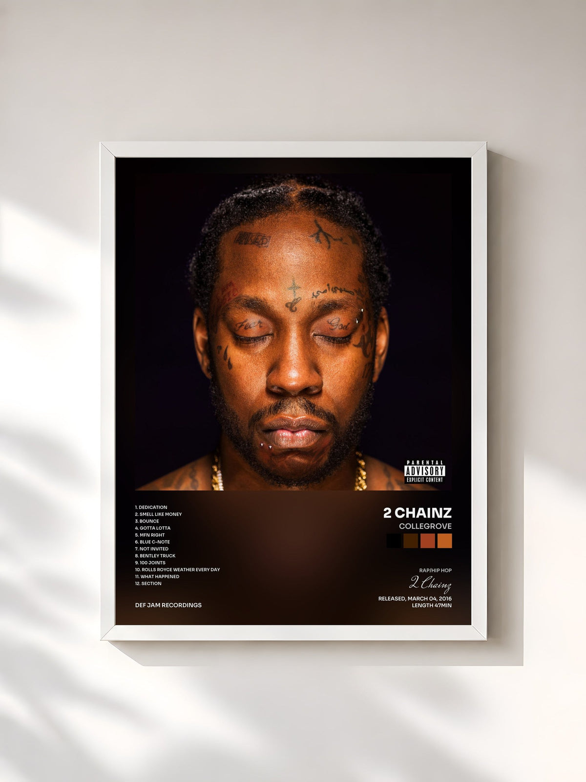 #blanc Tableau de l'album COLLEGROVE de 2 Chainz, cadre blanc, imprimé et encadré en France