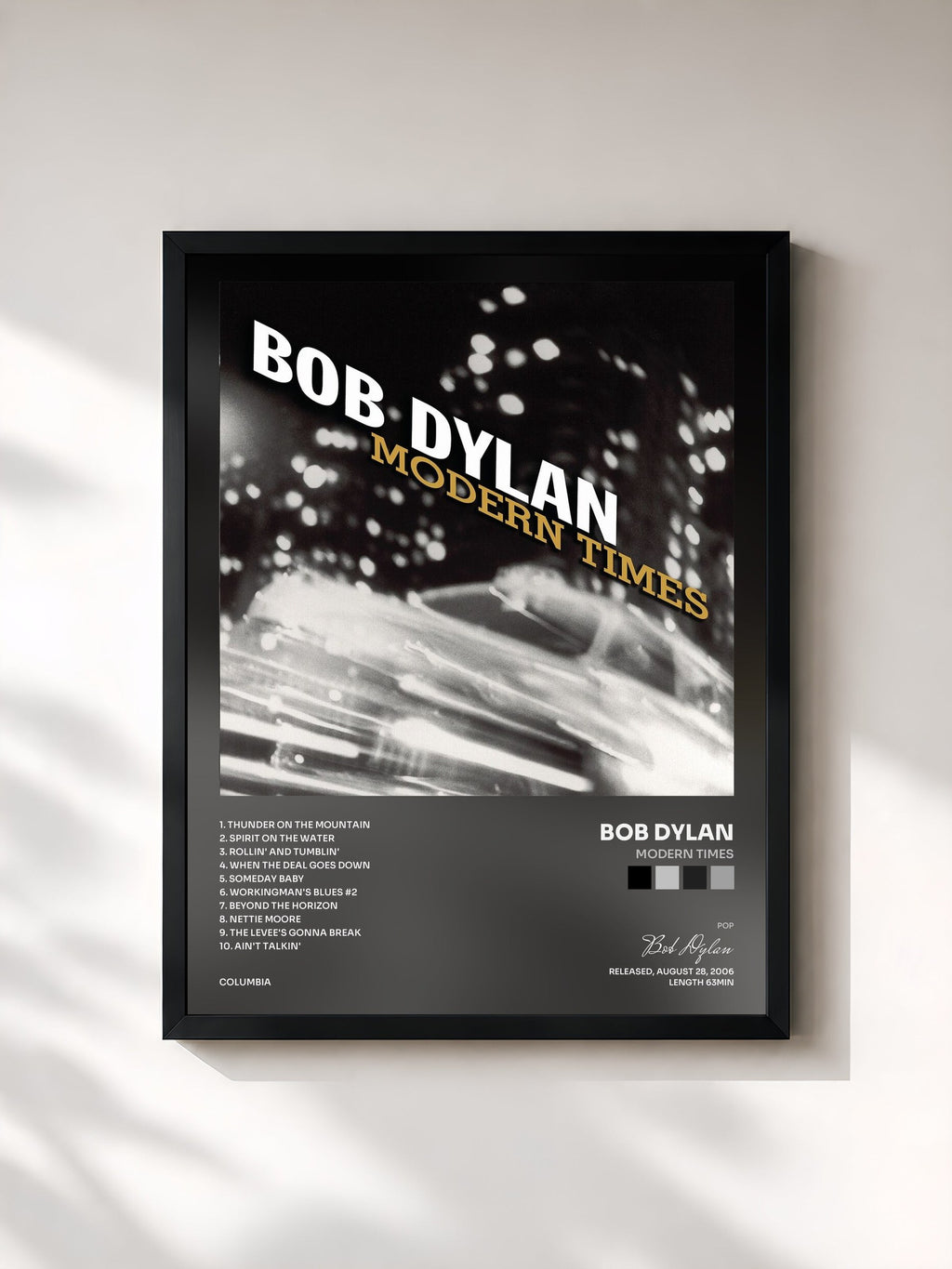 #noir Tableau de l'album Modern Times de Bob Dylan, cadre noir, imprimé et encadré en France