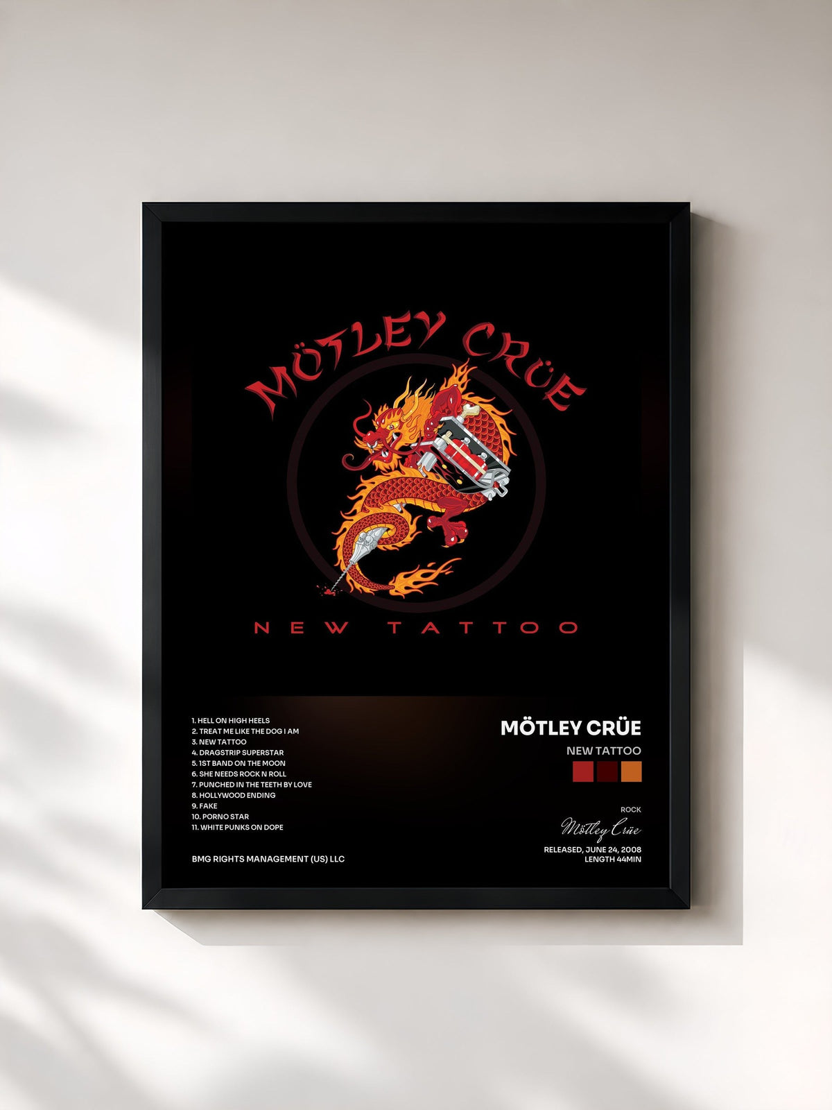 #noir Tableau de l'album New Tattoo de Mötley Crüe, cadre noir, imprimé et encadré en France