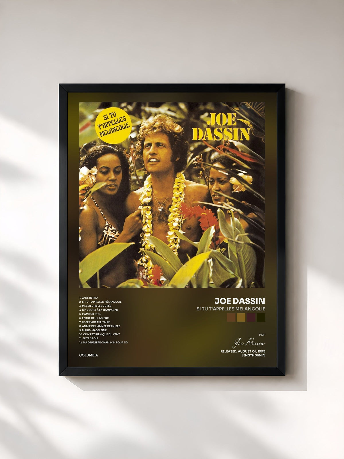 #noir Si Tu T'Appelles Melancolie by Joe Dassin as a framed art print, black frame, printed and framed in France