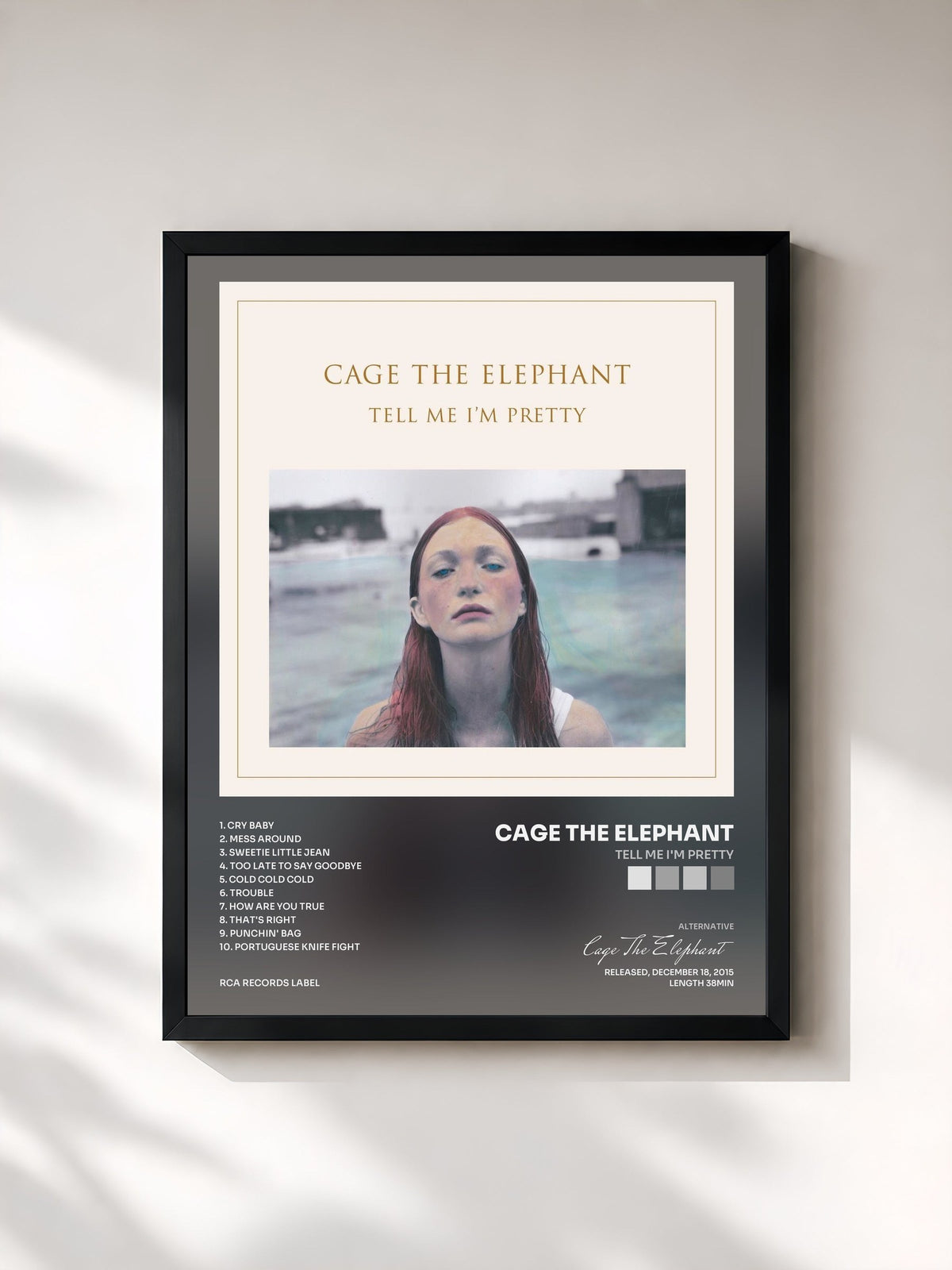 #noir Tableau de l'album Tell Me I'm Pretty de Cage The Elephant, cadre noir, imprimé et encadré en France