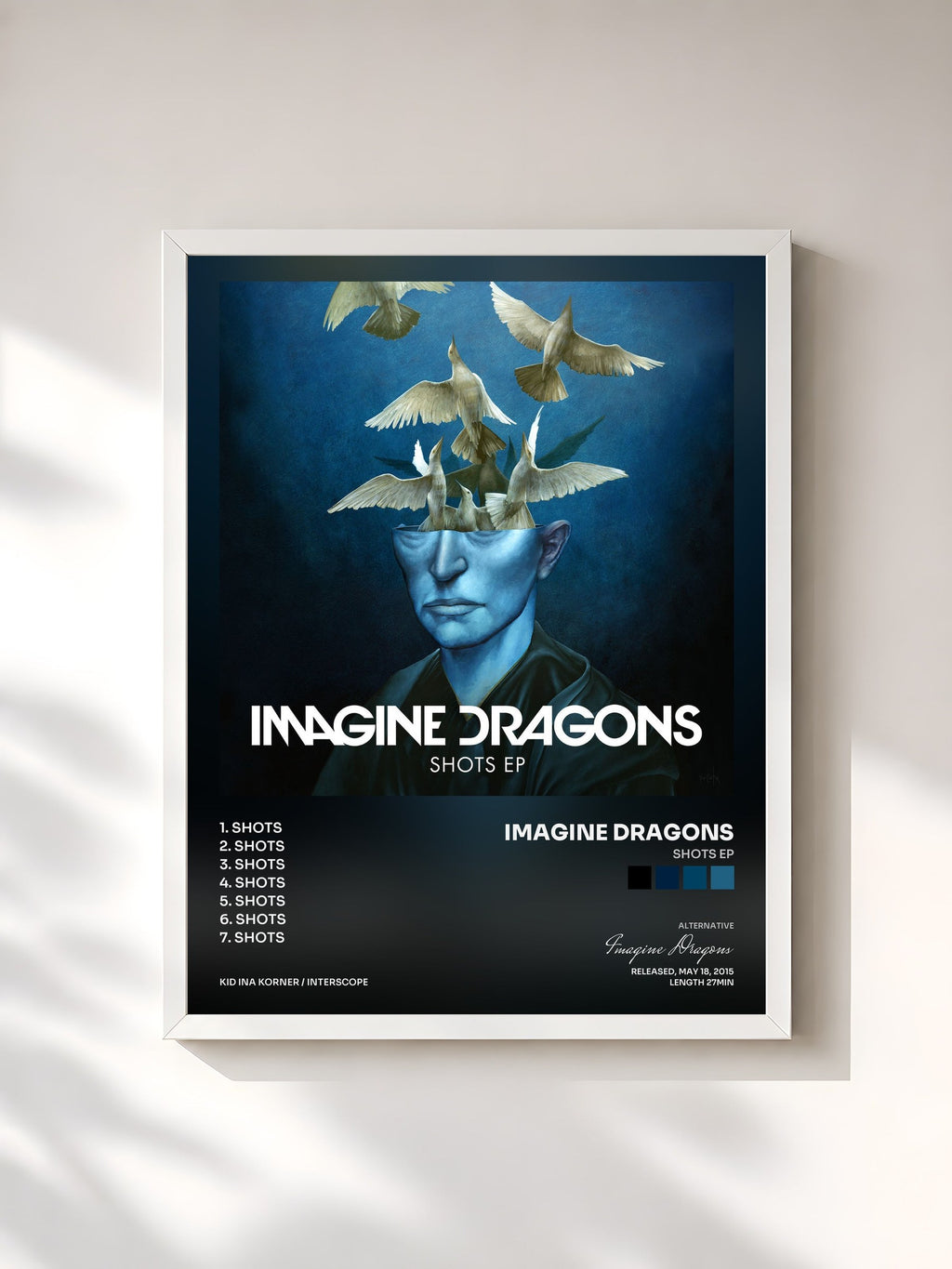 #blanc Tableau de l'album Shots EP de Imagine Dragons, cadre blanc, imprimé et encadré en France