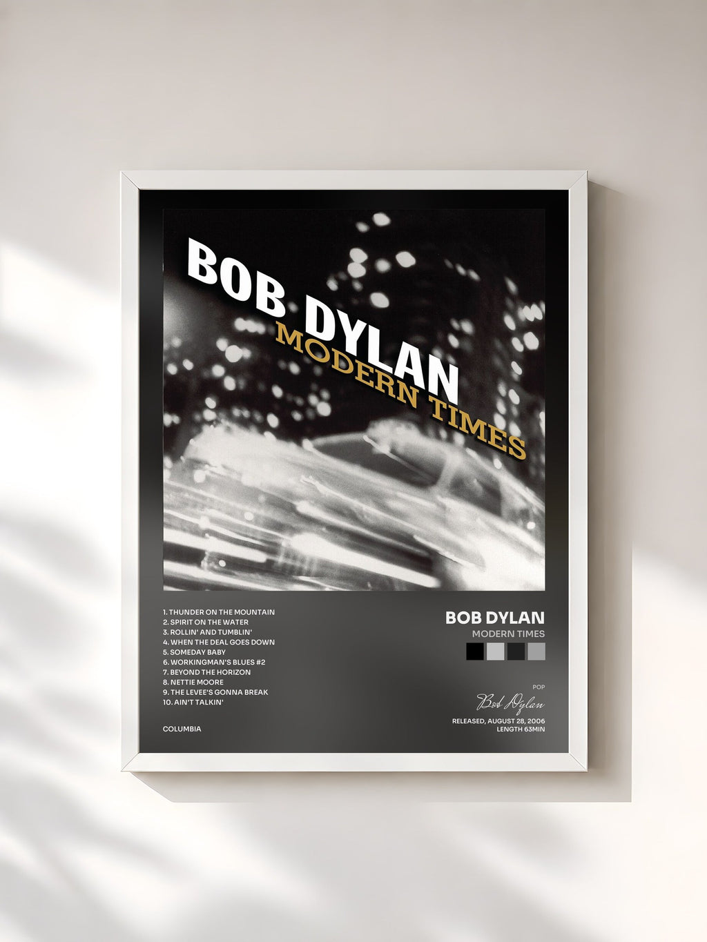 #blanc Tableau de l'album Modern Times de Bob Dylan, cadre blanc, imprimé et encadré en France