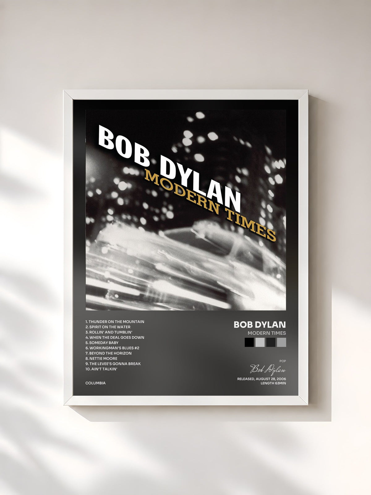 #blanc Tableau de l'album Modern Times de Bob Dylan, cadre blanc, imprimé et encadré en France