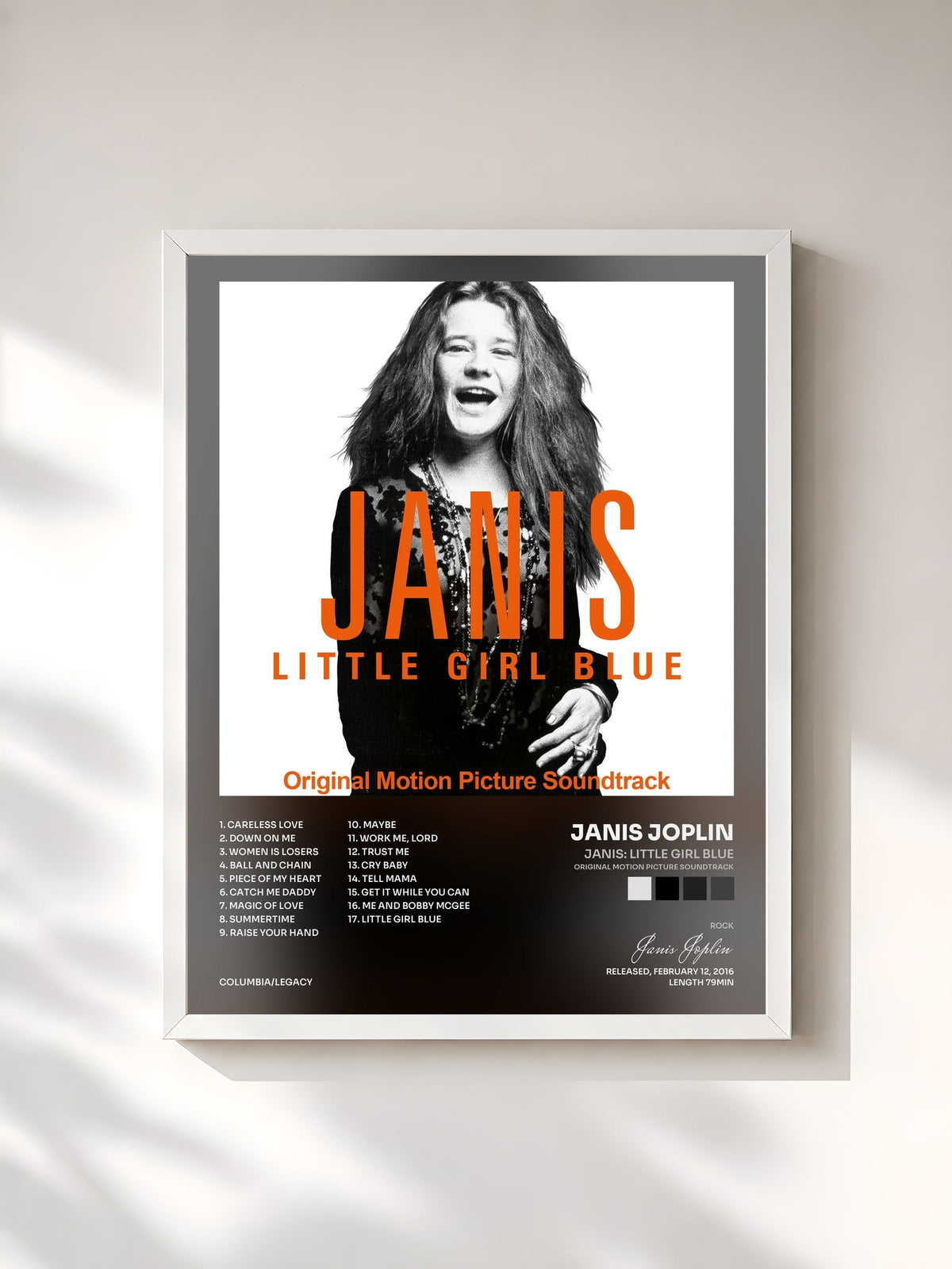 #blanc Janis: Little Girl Blue (Original Motion Picture Soundtrack) by Janis Joplin as a framed art print, white frame, printed and framed in France