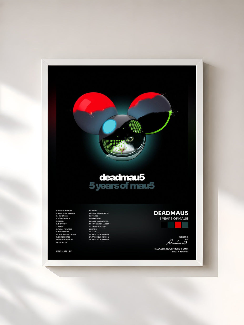 #blanc Tableau de l'album 5 Years of mau5 de Deadmau5, cadre blanc, imprimé et encadré en France