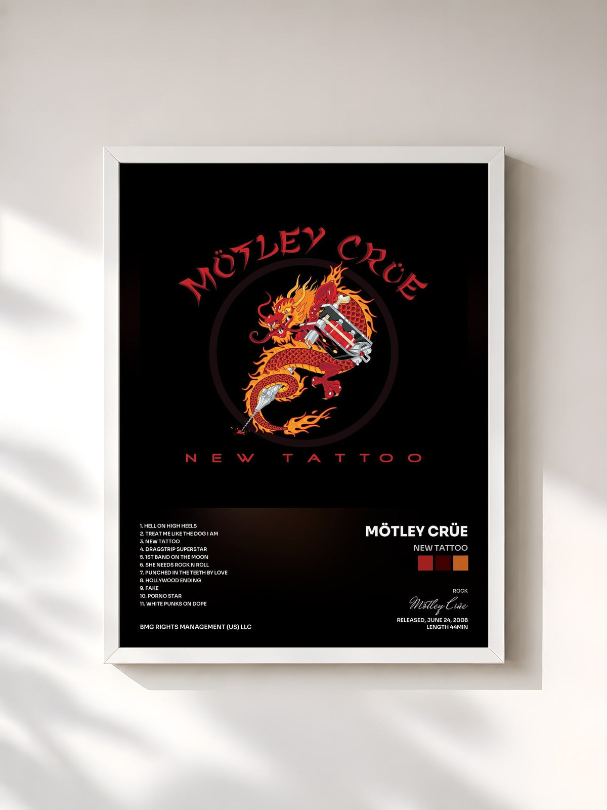 #blanc Tableau de l'album New Tattoo de Mötley Crüe, cadre blanc, imprimé et encadré en France