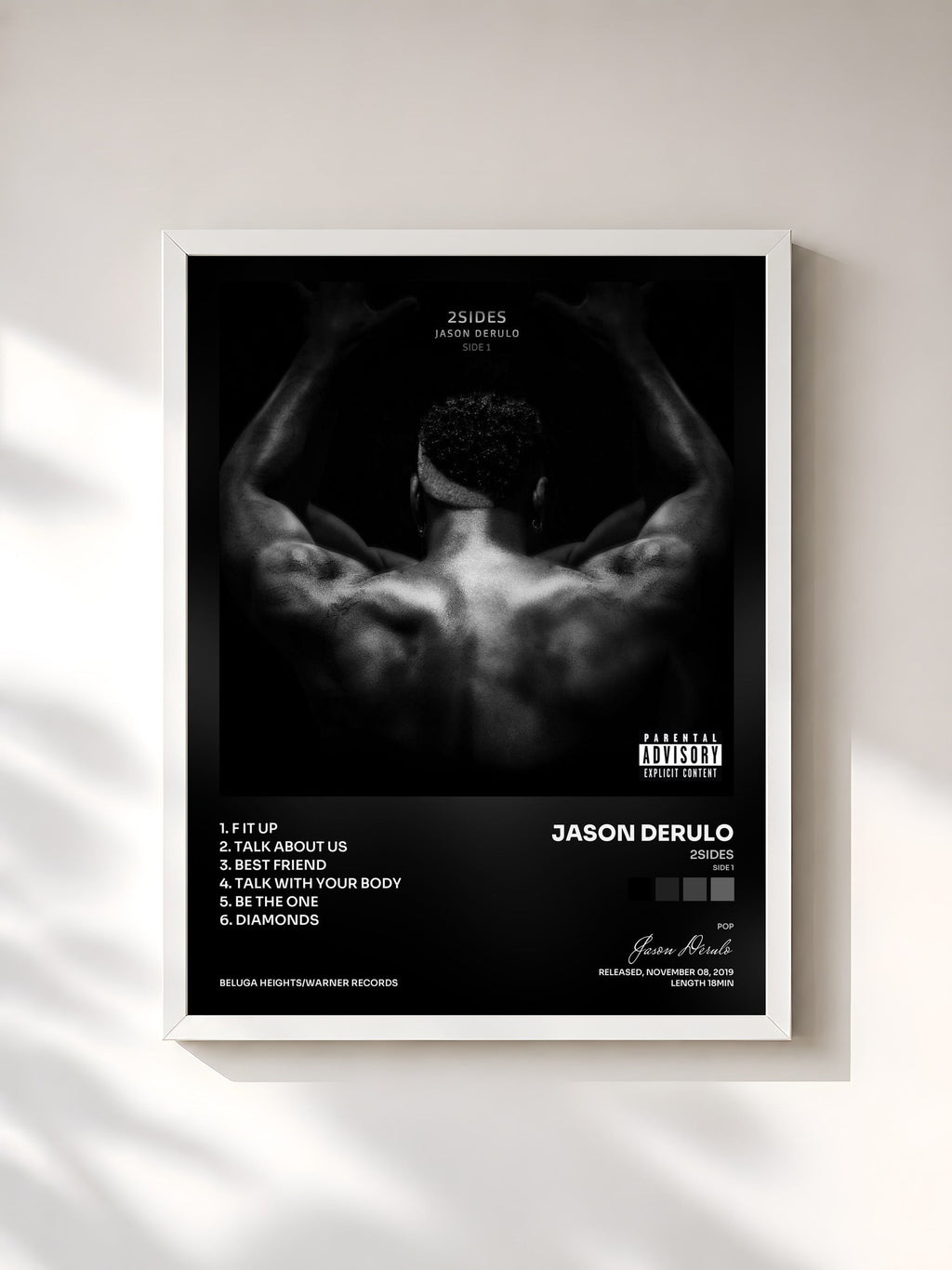 #blanc Tableau de l'album 2Sides (Side 1) de Jason Derulo, cadre blanc, imprimé et encadré en France