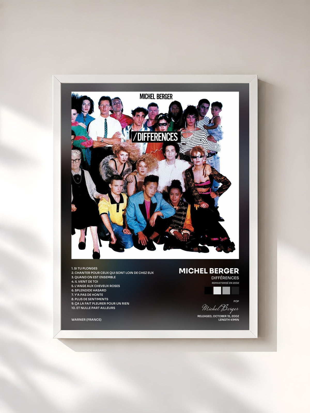 #blanc Tableau de l'album Différences (Remasterisé en 2002) de Michel Berger, cadre blanc, imprimé et encadré en France