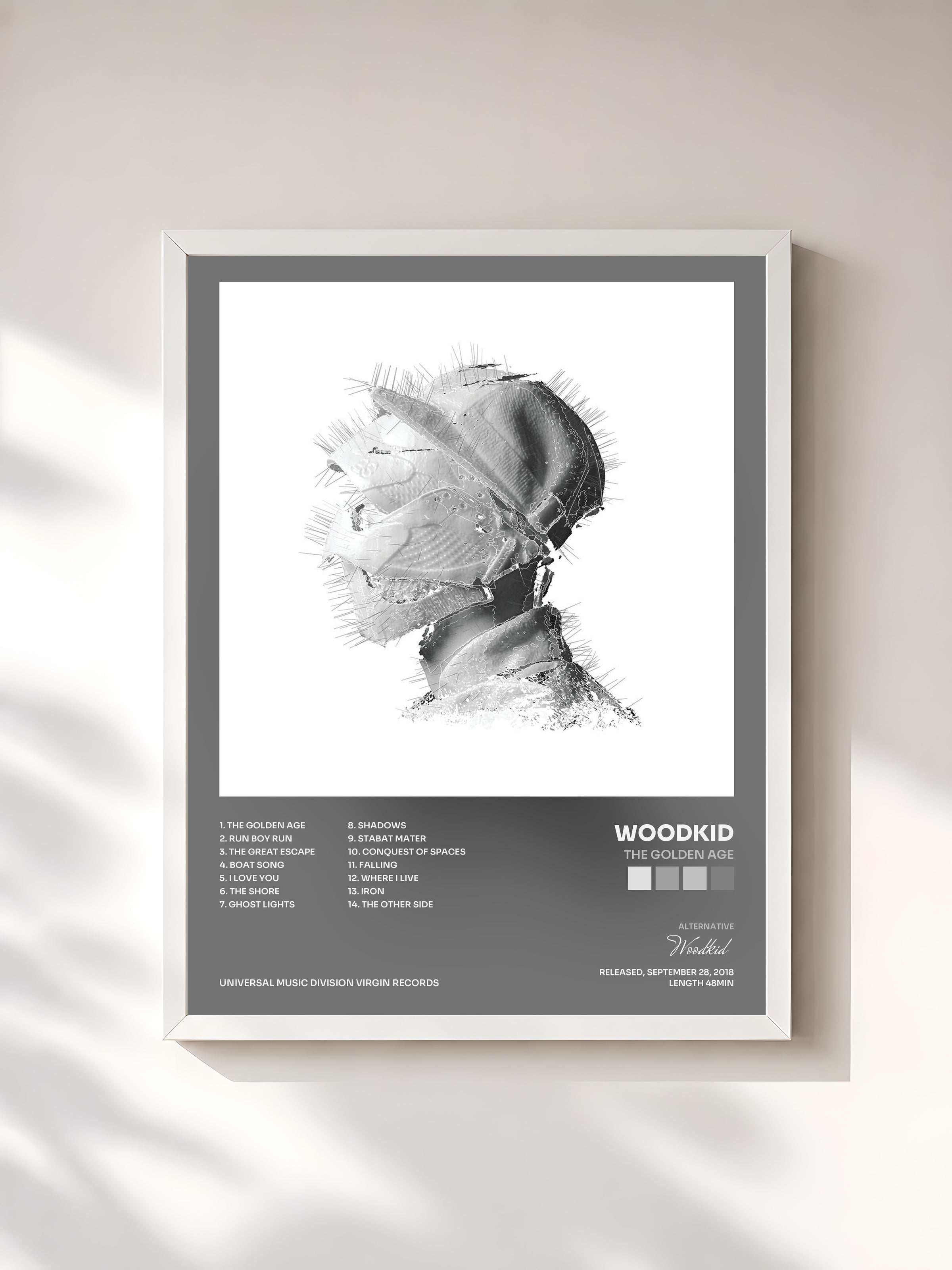 #blanc Tableau de l'album The Golden Age de Woodkid, cadre blanc, imprimé et encadré en France