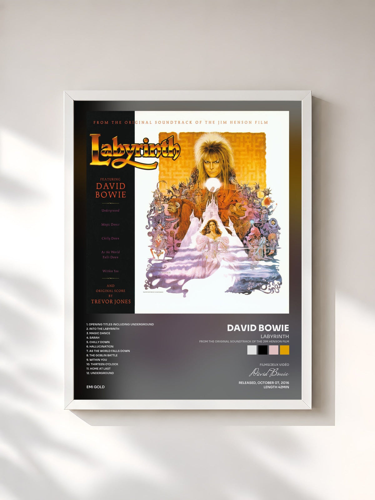 #blanc Tableau de l'album Labyrinth (From The Original Soundtrack Of The Jim Henson Film) de David Bowie, cadre blanc, imprimé et encadré en France
