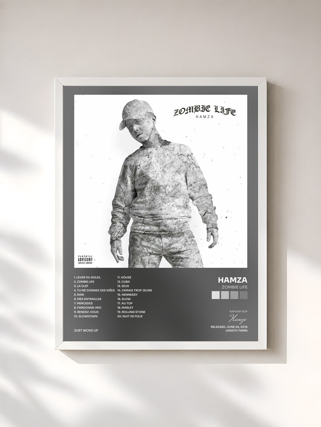 #blanc Tableau de l'album Zombie Life de Hamza, cadre blanc, imprimé et encadré en France