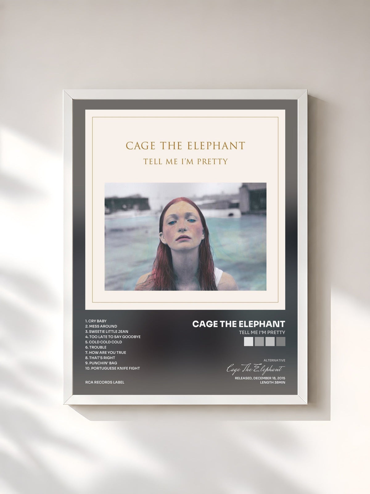 #blanc Tableau de l'album Tell Me I'm Pretty de Cage The Elephant, cadre blanc, imprimé et encadré en France