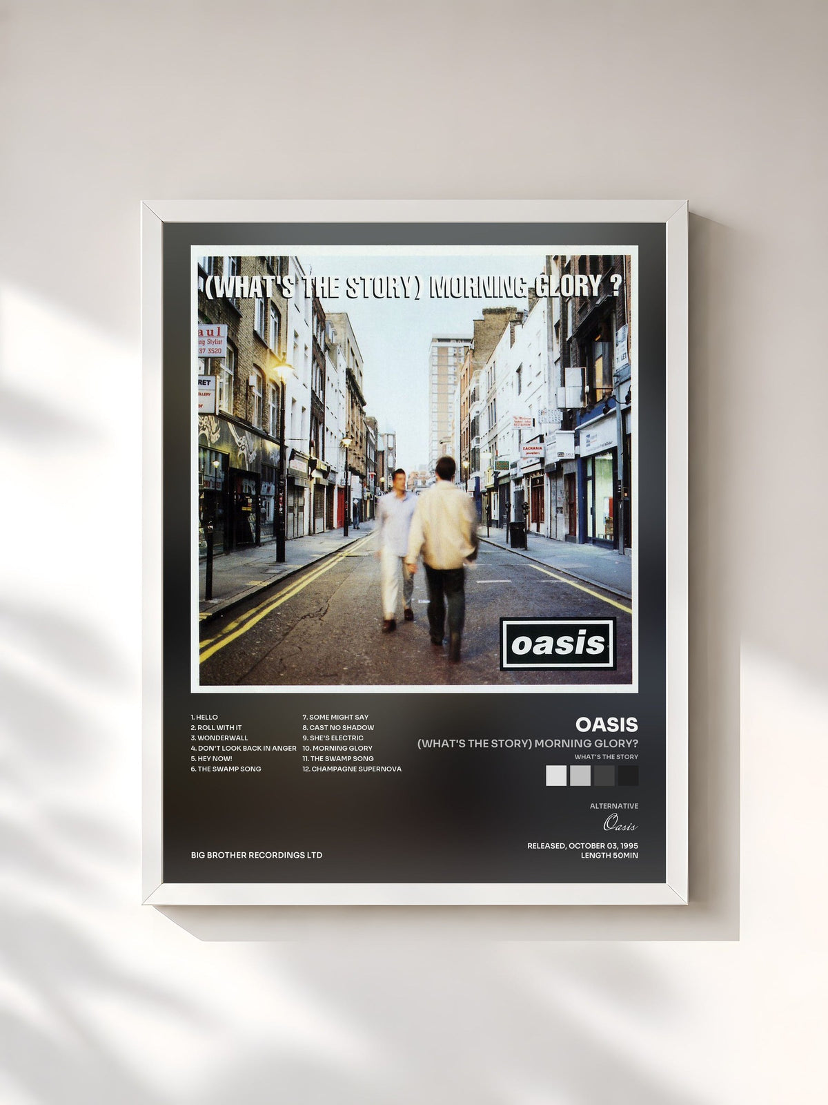 #blanc Tableau de l'album (What's The Story) Morning Glory? de Oasis, cadre blanc, imprimé et encadré en France