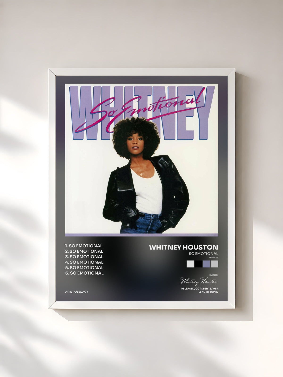 #blanc Tableau de l'album So Emotional (Remixes) de Whitney Houston, cadre blanc, imprimé et encadré en France