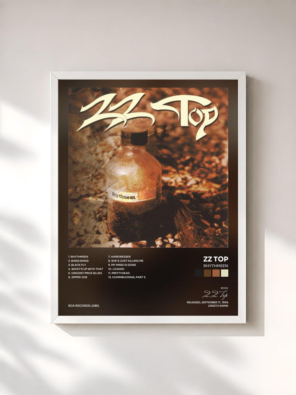 #blanc Tableau de l'album Rhythmeen de ZZ Top, cadre blanc, imprimé et encadré en France