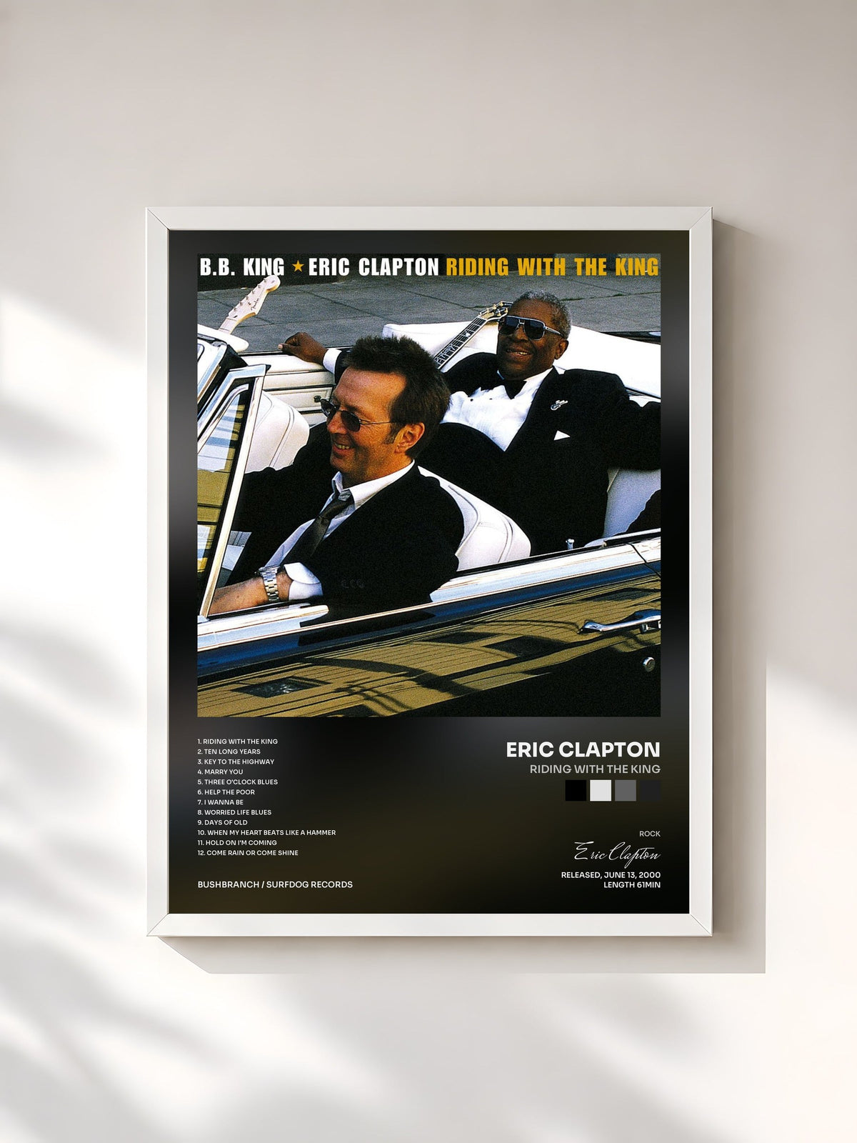 #blanc Tableau de l'album Riding With The King de Eric Clapton, cadre blanc, imprimé et encadré en France