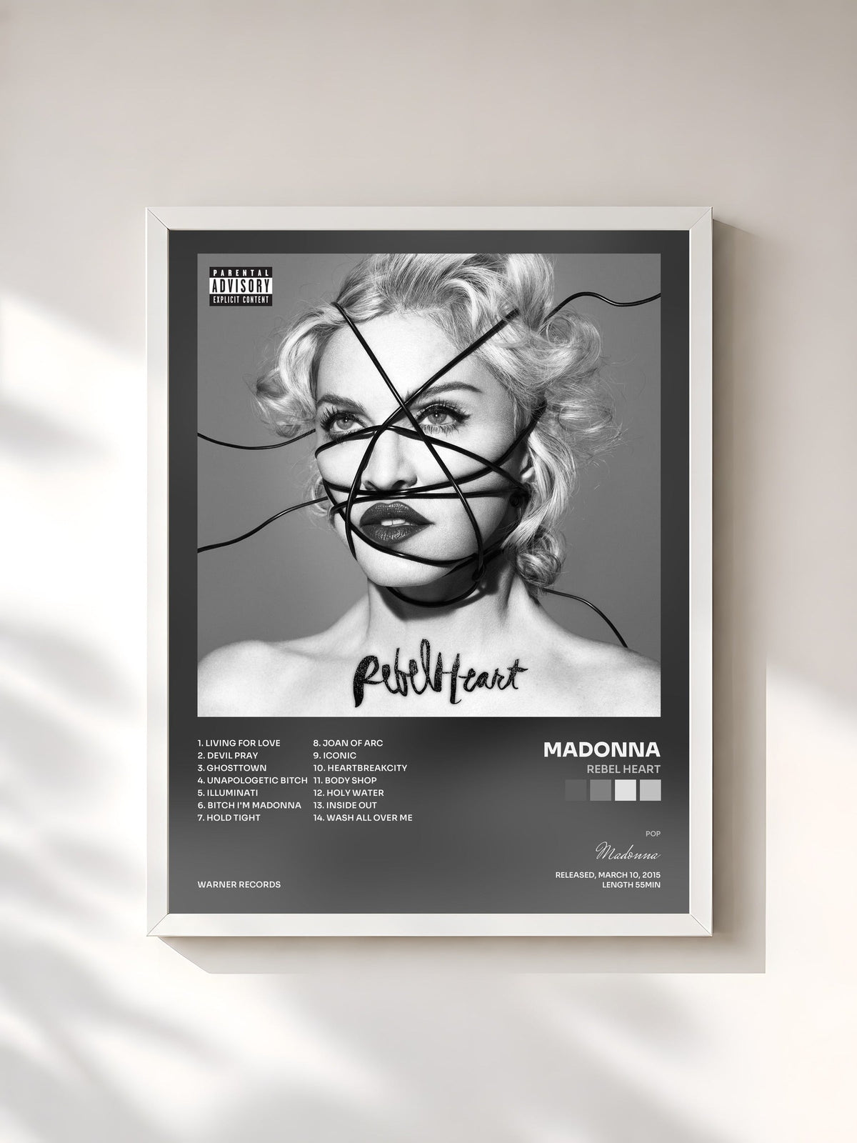 #blanc Tableau de l'album Rebel Heart de Madonna, cadre blanc, imprimé et encadré en France