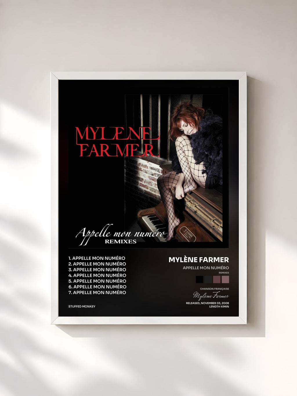 #blanc Tableau de l'album Appelle mon numéro (Remixes) de Mylène Farmer, cadre blanc, imprimé et encadré en France