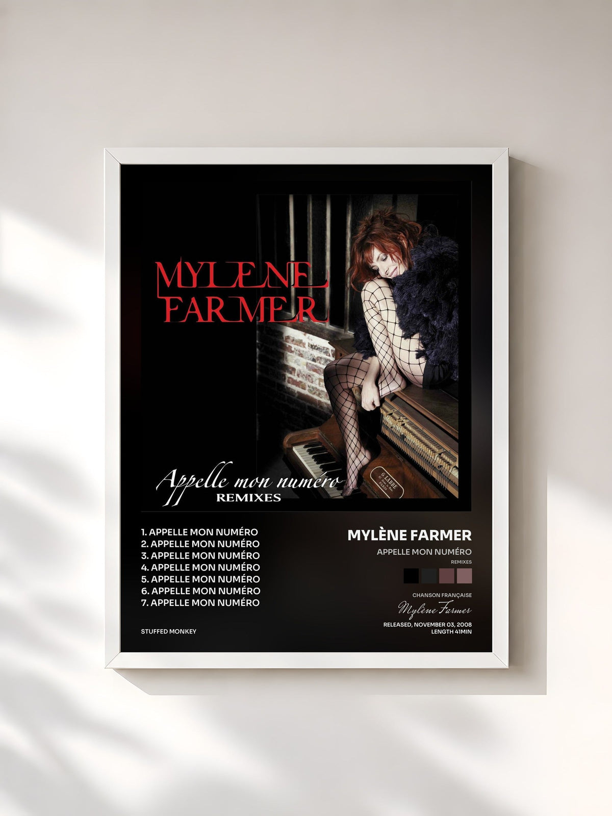 #blanc Tableau de l'album Appelle mon numéro (Remixes) de Mylène Farmer, cadre blanc, imprimé et encadré en France
