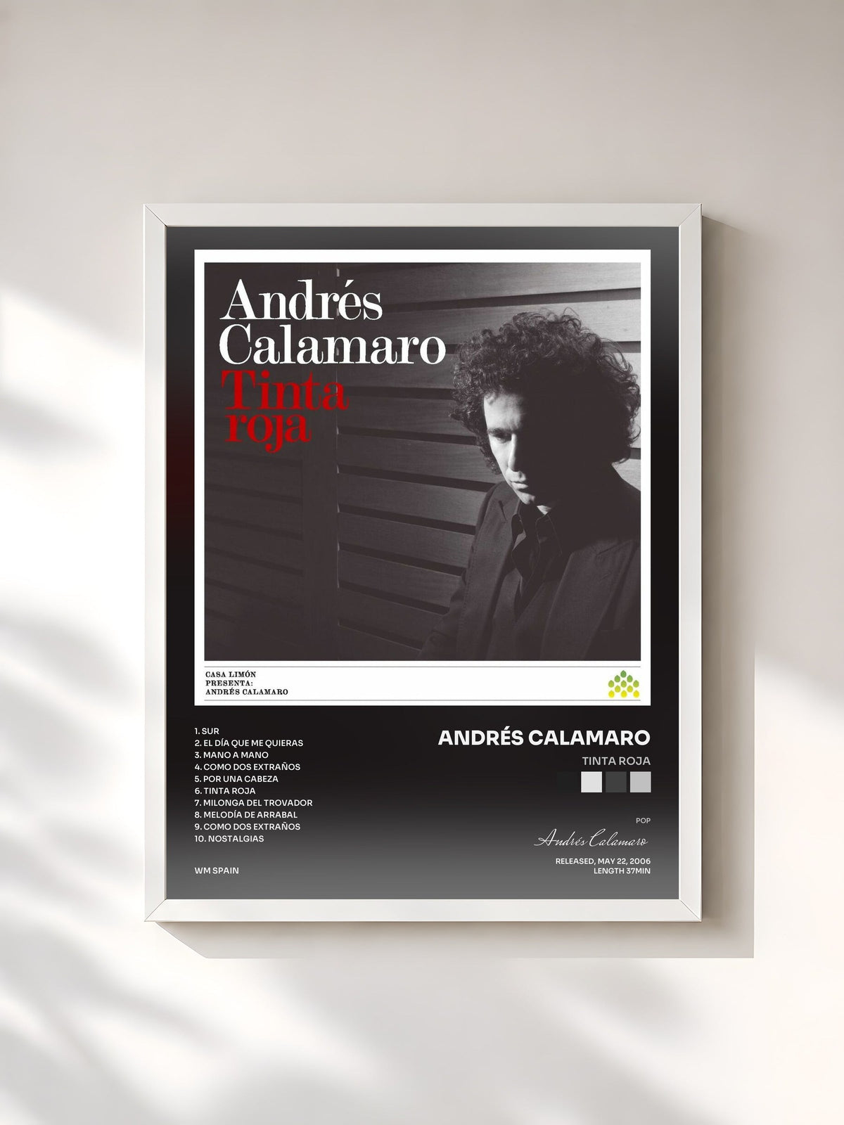 #blanc Tableau de l'album Tinta roja de Andrés Calamaro, cadre blanc, imprimé et encadré en France