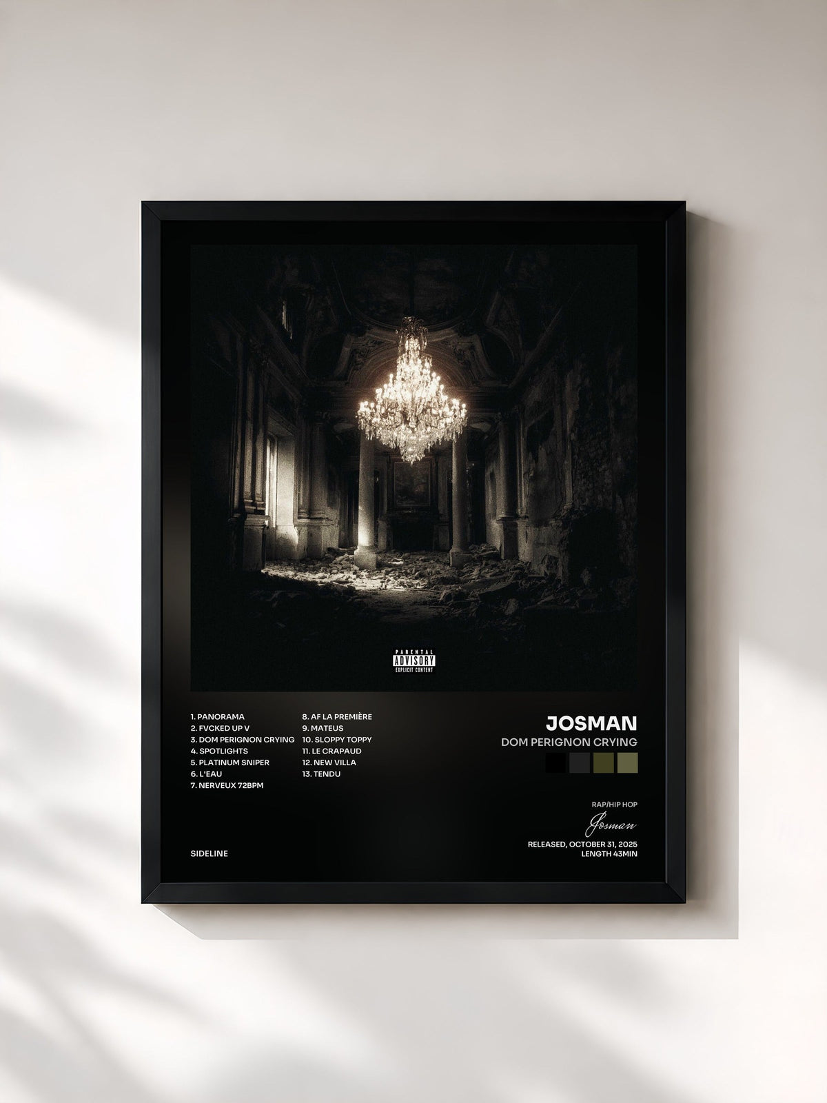 #noir Tableau de l'album DOM PERIGNON CRYING de Josman, cadre noir, imprimé et encadré en France