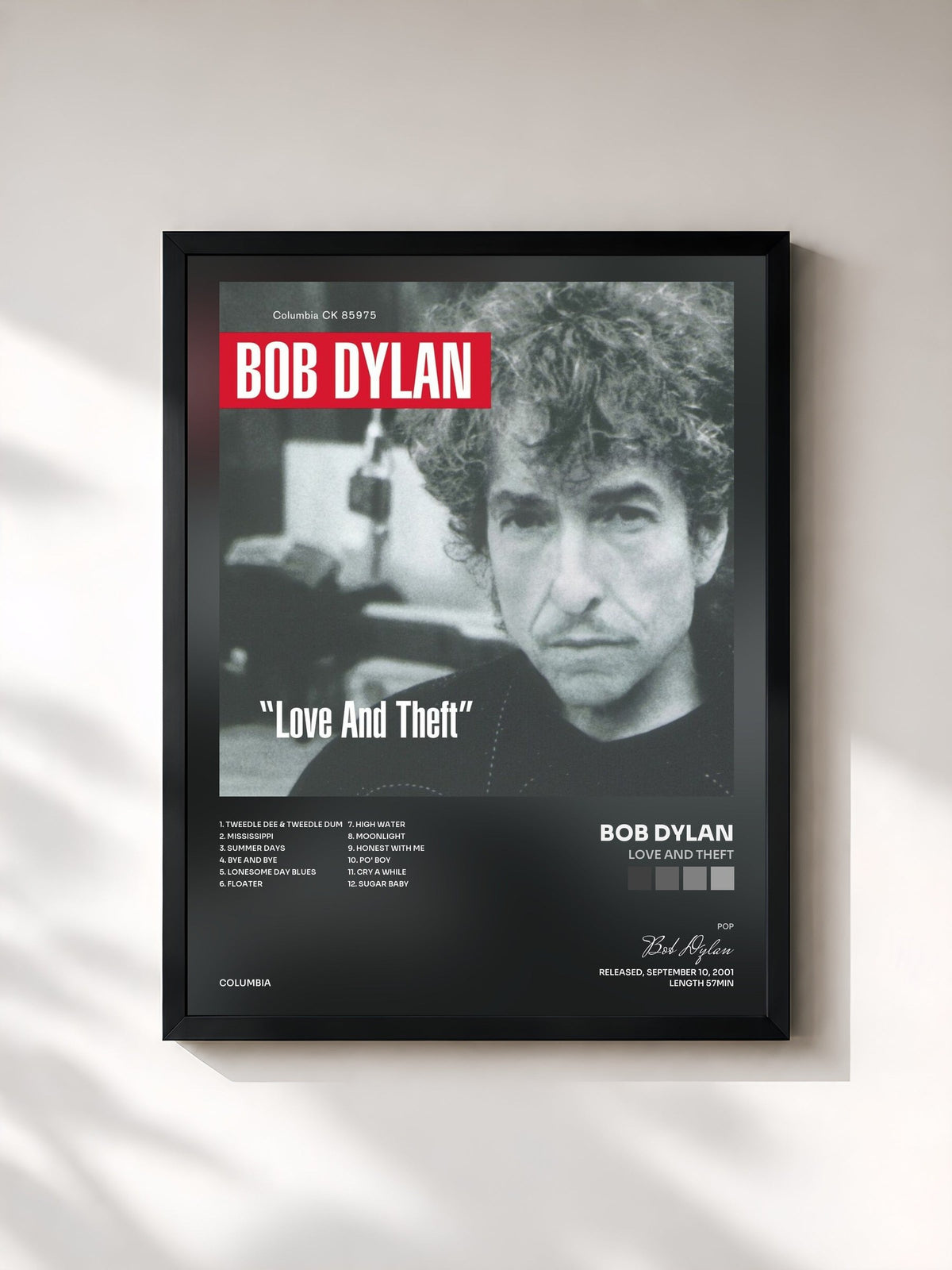 #noir Tableau de l'album Love And Theft de Bob Dylan, cadre noir, imprimé et encadré en France