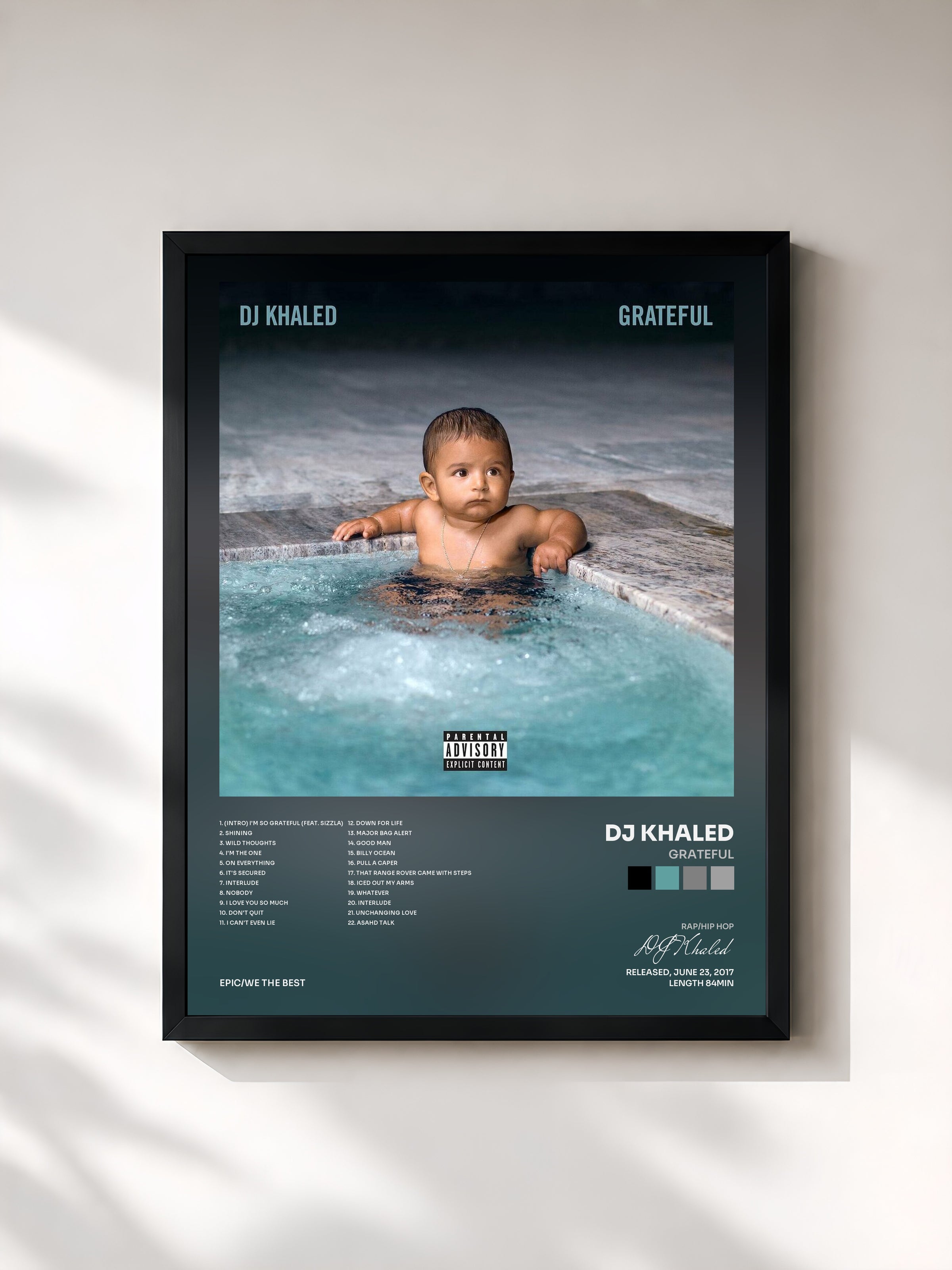 #noir Tableau de l'album Grateful de DJ Khaled, cadre noir, imprimé et encadré en France