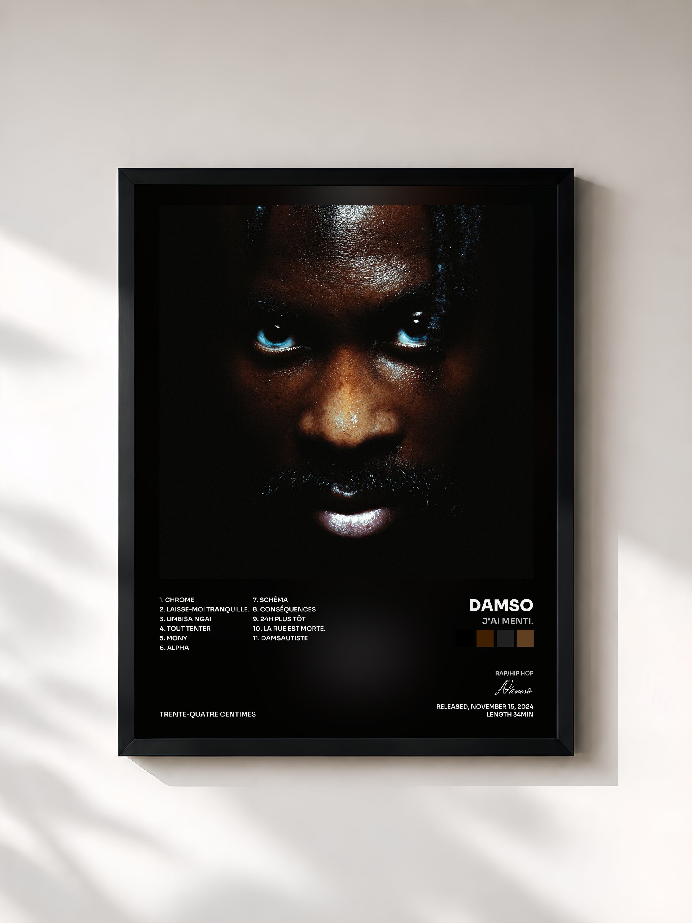 #noir Tableau de l'album J'AI MENTI. de Damso, cadre noir, imprimé et encadré en France